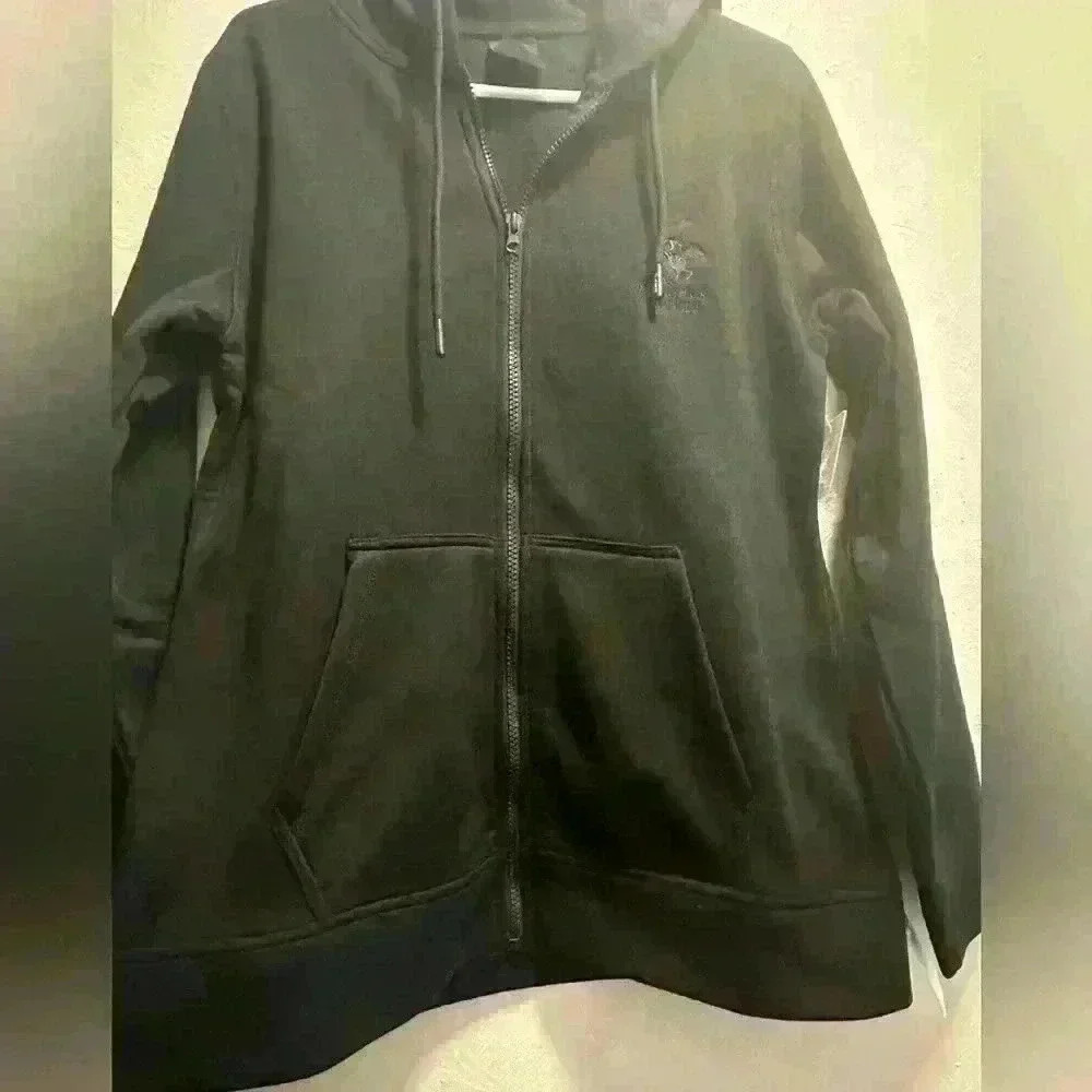 Beverly Hills Women's Long Sleeve Black Hooded Zip Up Sweatshirt Size L